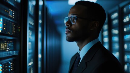 A man in a suit and glasses stands in front of a server rack in a data center.