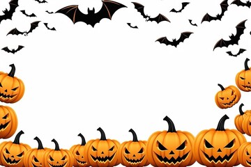 A spooky Halloween pumpkin frame featuring a set of carved pumpkins with scary faces, in an white background