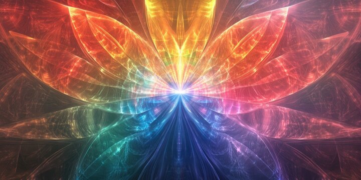 Abstract fractal background featuring a rainbow iridescent glow Digital geometric design with a burst of vibrant colors Decorative illustration in a mystical esoteric style