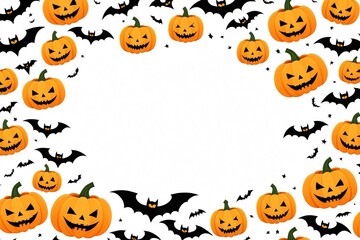 A spooky Halloween pumpkin frame featuring a set of carved pumpkins with scary faces, in an orange and black background, perfect for holiday decorations