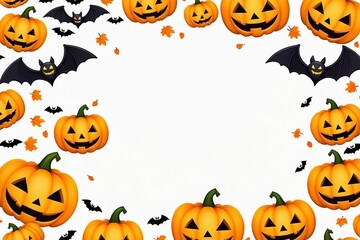 A spooky Halloween pumpkin frame featuring a set of carved pumpkins with scary faces, in an orange and black background, perfect for holiday decorations and autumn celebrations