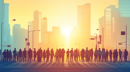 Silhouettes of People in a City at Sunrise