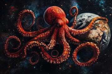 Vibrant red octopus grasps a globe amidst the depths of dark space Digital artwork