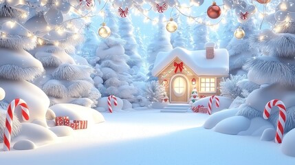 Cozy Christmas Cottage in Snowy Forest with Candy Canes and Lights