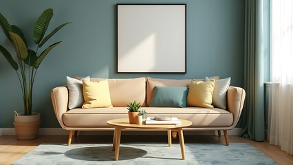 A bright living room featuring a light blue sofa, stylish decor, and a view into a dining area. Ideal for modern home inspiration with a focus on comfort and aesthetics.