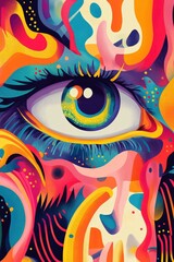 Colorful abstract 2D cartoon illustration featuring an optical illusion on a vibrant backdrop