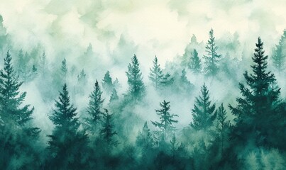 Fototapeta premium Misty forest watercolor backdrop