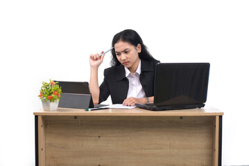 Stressed tired businesswoman feels exhausted sitting at office desk with laptop and crumpled paper, frustrated woman can not concentrate having writers on white backround. Asian Businesswoman Throwing