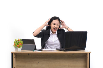 Stressed tired businesswoman feels exhausted sitting at office desk with laptop and crumpled paper, frustrated woman can not concentrate having writers on white backround. Asian Businesswoman Throwing