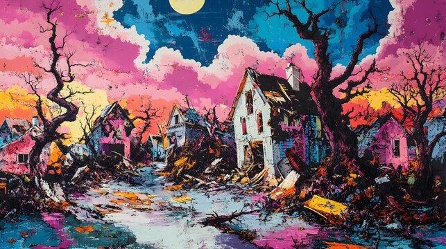 A surrealist depiction of a small town in chaos, with floating debris, fallen trees, and damaged homes, painted in vibrant pop art colors. Dynamic angles and exaggerated forms emphasize the surreal