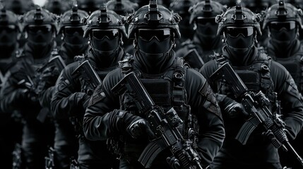 SWAT Team in Black Uniforms with Rifles