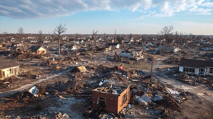 A vast landscape of destruction, where broken trees and demolished homes stretch as far as the eye can see, a testament to nature's fury and human vulnerability