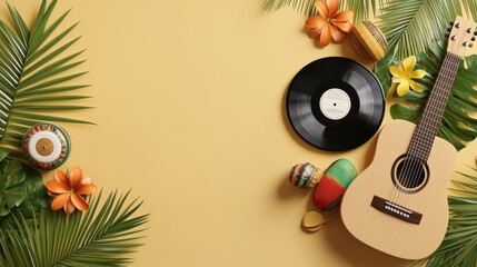 Tropical Summer Music Background with Guitar  Palm Leaves  and Vinyl Record