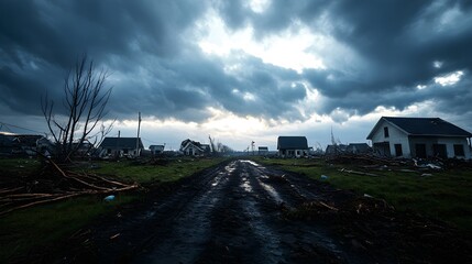 Obraz premium Abandoned neighborhood with damaged homes, fallen trees, and scattered debris under a dark, cloudy sky, post-apocalyptic, muted tones, photorealism, desolate and eerie feel