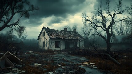 Abandoned yard filled with uprooted trees and remnants of a shattered house, a surreal blend of decay and overgrowth, Moody Atmosphere, Surrealism, Dark Tones, 3D Render