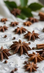 star anise and cinnamon sticks are scattered loosely over a vintage textured cloth with selective focus on one of the star anise pods in the foreground for depth effect.