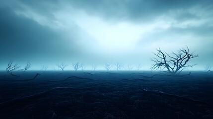 Fototapeta premium Desolate yard once full of life, now filled with debris and fallen trees, engulfed in fog, Dark Fantasy, Illustration, Muted Colors, Atmospheric