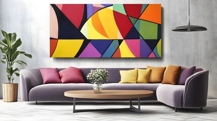Geometric abstract artwork with bold shapes and dynamic lines for a modern living room statement piece