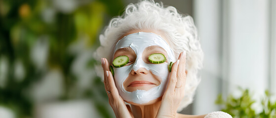 Senior woman enjoying a spa day with a face mask and cucumber
