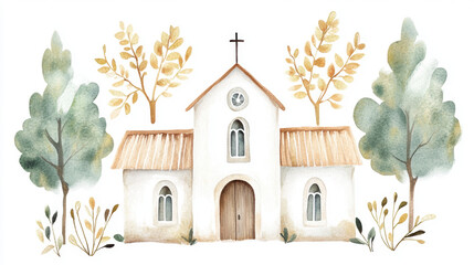 Watercolor Church Illustration