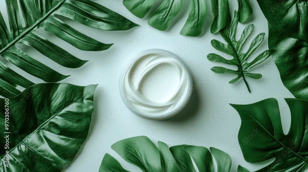 Wall mural a white container with a white substance in it is surrounded by green leaves