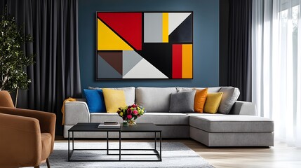 Dynamic geometric art with sharp lines and bold colors for an elegant living room centerpiece