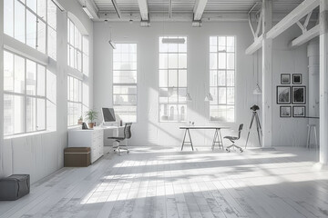 modern and minimalistic bright loft office in white tones, daylight