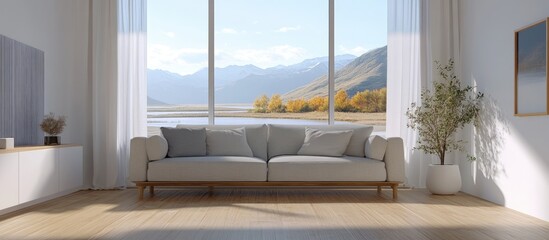 Minimalist living room design featuring a sofa on wooden flooring wall decor and a white landscape visible through the window Nordic style home interior 3D rendering