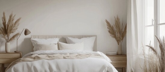 Concept of a Scandinavian inspired bedroom featuring a double bed wall decor and a scenic white view through the window Modern Nordic interior design 3D visualization