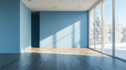 Fototapeta premium Spacious blue interior with wooden flooring featuring a large wall and a view of white landscapes through the window Nordic style home decor 3D rendering