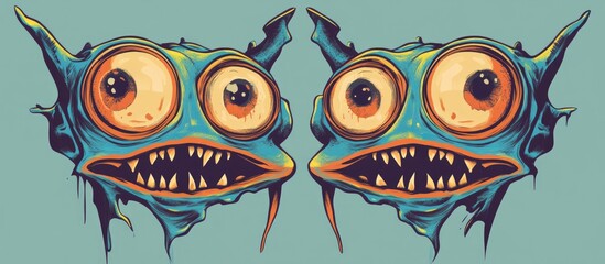 Twin four eyed monster character design illustration for sticker printing