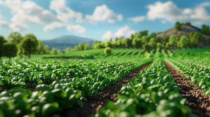 Large crop field with distant farmhouse and mountains