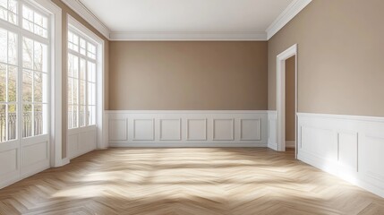 Empty interior corner featuring light brown walls white ceiling and light parquet flooring with a white plinth Unfurnished room viewed from a perspective angle 3D illustration Ultra HD