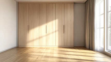 Fototapeta premium Minimalistic Scandinavian interior featuring an empty room with a wardrobe 3D rendering of a contemporary home space