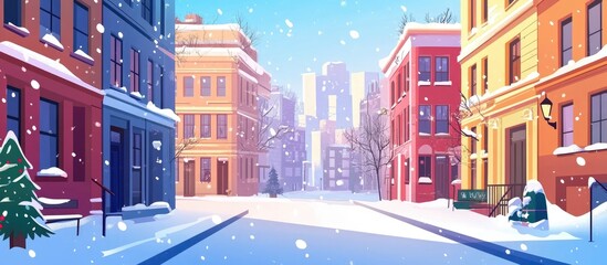 Obraz premium Happy Holidays banner on a snowy street with a flat design featuring an urban winter landscape