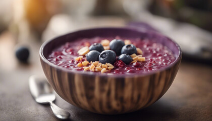 lila Smoothie bowl mit Blaubeeren als topping 