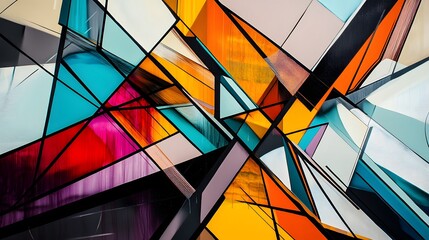 Dynamic geometric artwork with vibrant colors and intricate lines for creating a lively living room atmosphere