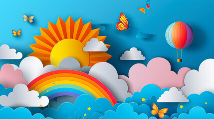 Beautiful fluffy clouds on blue sky background with summer sun