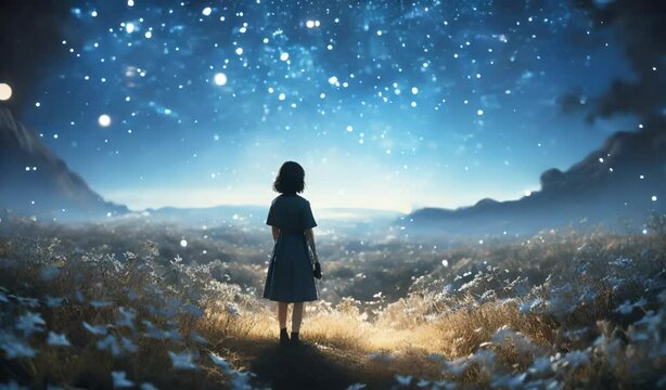 Woman in Dress Stands in Field at Night under Starry Sky