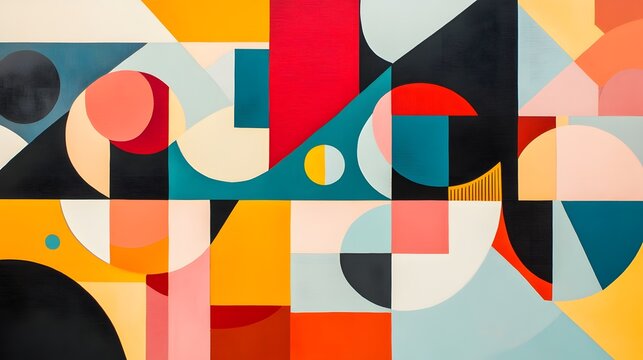 Layered abstract design with bold shapes and vibrant colors, ideal for a stylish bedroom feature