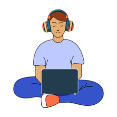 Woman in headphones with laptop is working. Vector illustration 