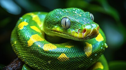 Fototapeta premium A close-up of a vibrant green and yellow snake resting on a branch.