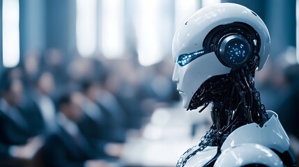 A humanoid robot bound by chains to a golden legal scale, struggling as holographic legal codes hover around it, dimly lit with a cold blue hue. Futuristic, Holographic, Dark Mood, Detailed Illustrati