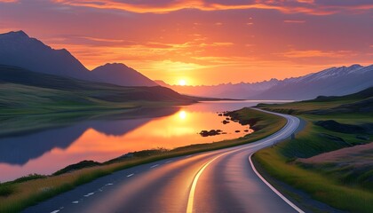 Serene winding road through picturesque landscape at sunset, reflecting beauty and hope in a calm lake