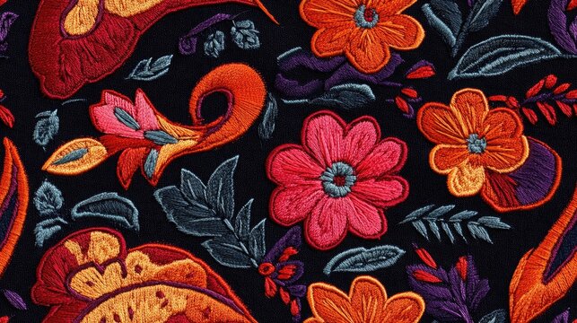Seamless embroidery stitches featuring Kashmiri tanka style floral and geometric paisley motifs showcasing handmade artwork for fabric textile design