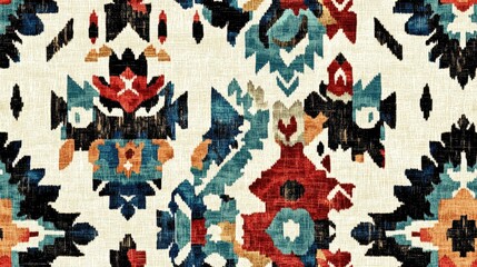 Ikat art featuring a seamless pattern with influences from African Indian Mexican and Navajo styles showcasing folk motifs and boho textures in geometric prints using a color palette of white blue