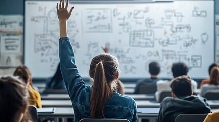 A university student raising their hand in a modern classroom, well-lit environment, surrounded by classmates focused on learning, detailed whiteboard diagrams in the background