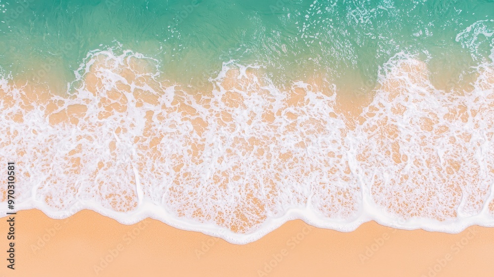 Wall mural aerial view of turquoise ocean waves crashing on sandy beach