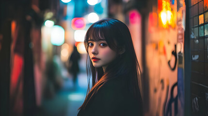 In a Quiet Alleyway: A stylish Japanese woman walking through a narrow alleyway in an urban setting