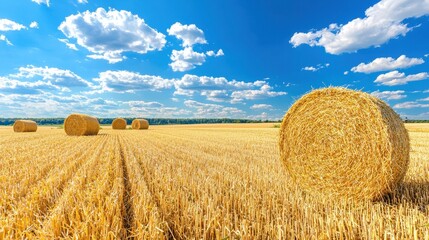 Hay Bales in a Golden Field Under a Blue Sky